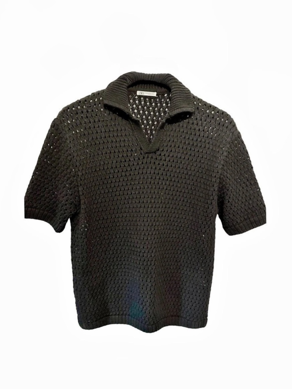 Zara Man Crochet Open Knit Pullover Polo Sweater Black L / XL